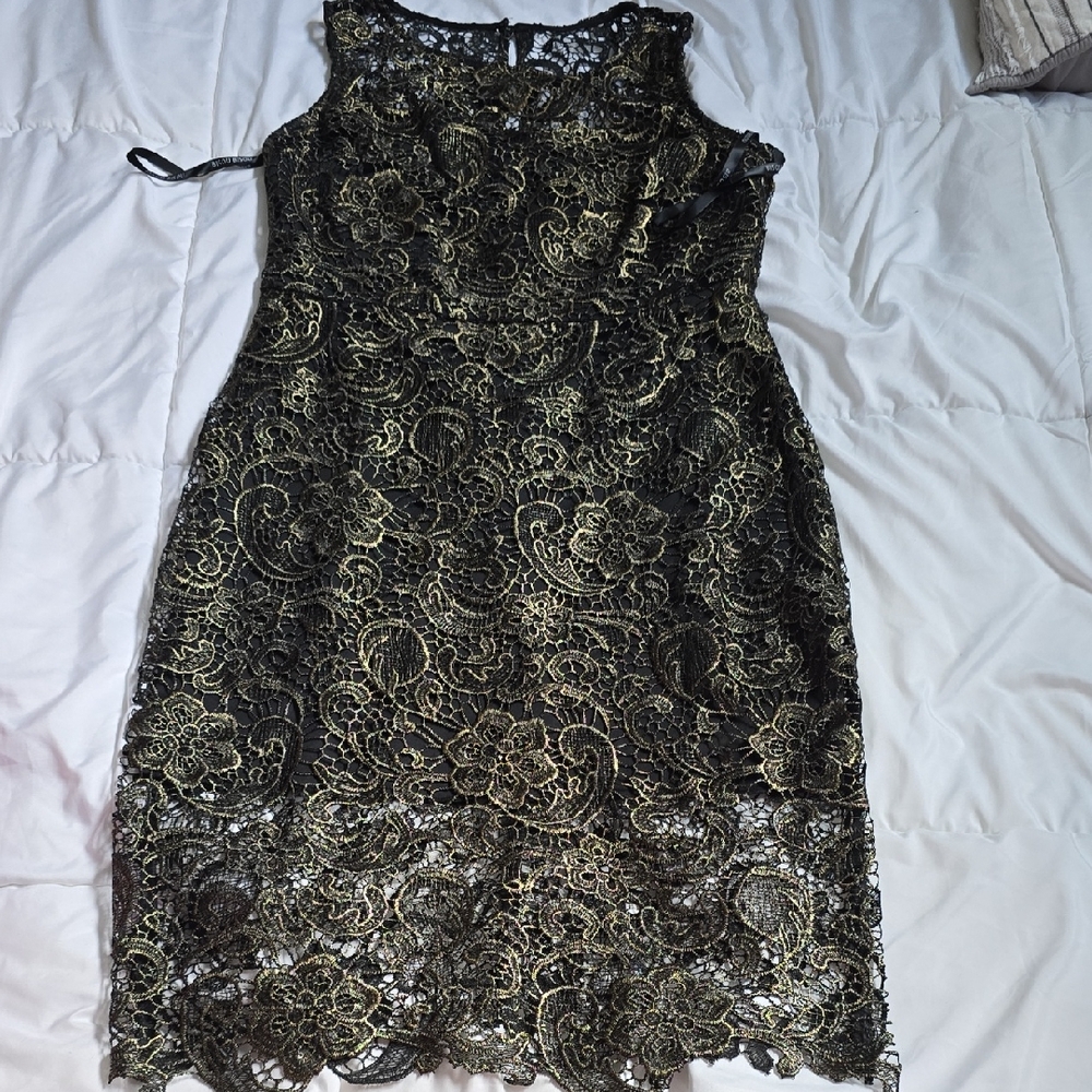 Bisou Bisou Black and Gold Lace Midi Dress